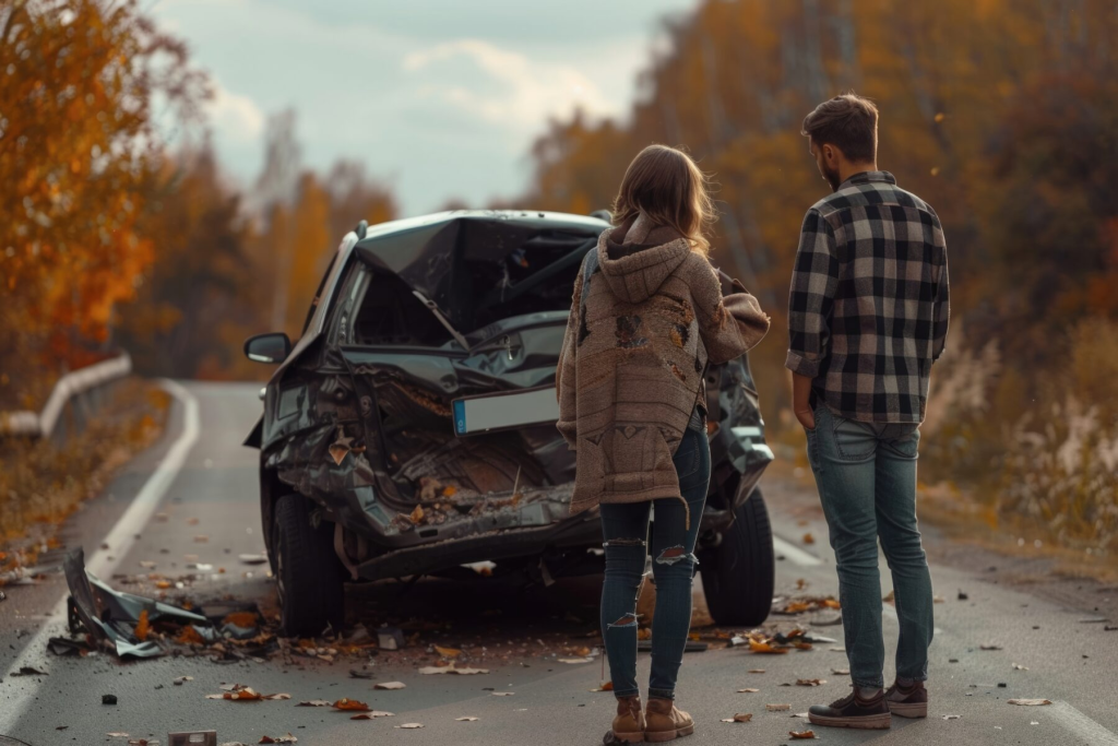 Family looking at the damage from a car accident.