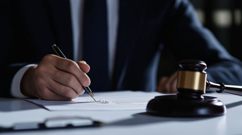 uninsured motorist lawyer Lawyer signing documents about a motorcyclist accident.